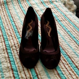 NINA Satin Brown Peep Toe Heels